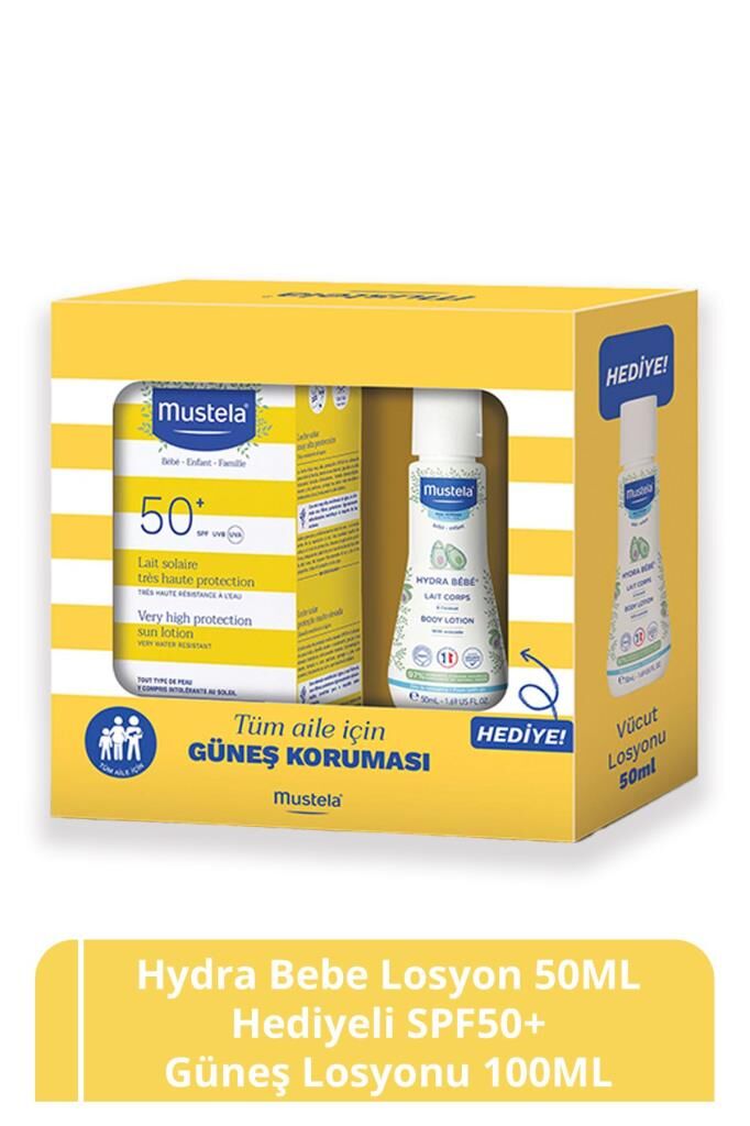 Mustela Hydra Bebe Losyon 50ml Hediyeli SPF 50+ Güneş Koruyucu Tüm Cilt Tipleri Bebek Çocuk Yetişkin 100ml