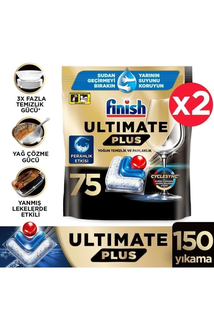 Finish Ultimate Plus Hepsi Bir Arada Bulaşık Makinesi Deterjanı Kapsül Tablet 150 Adet (75 x 2'li)