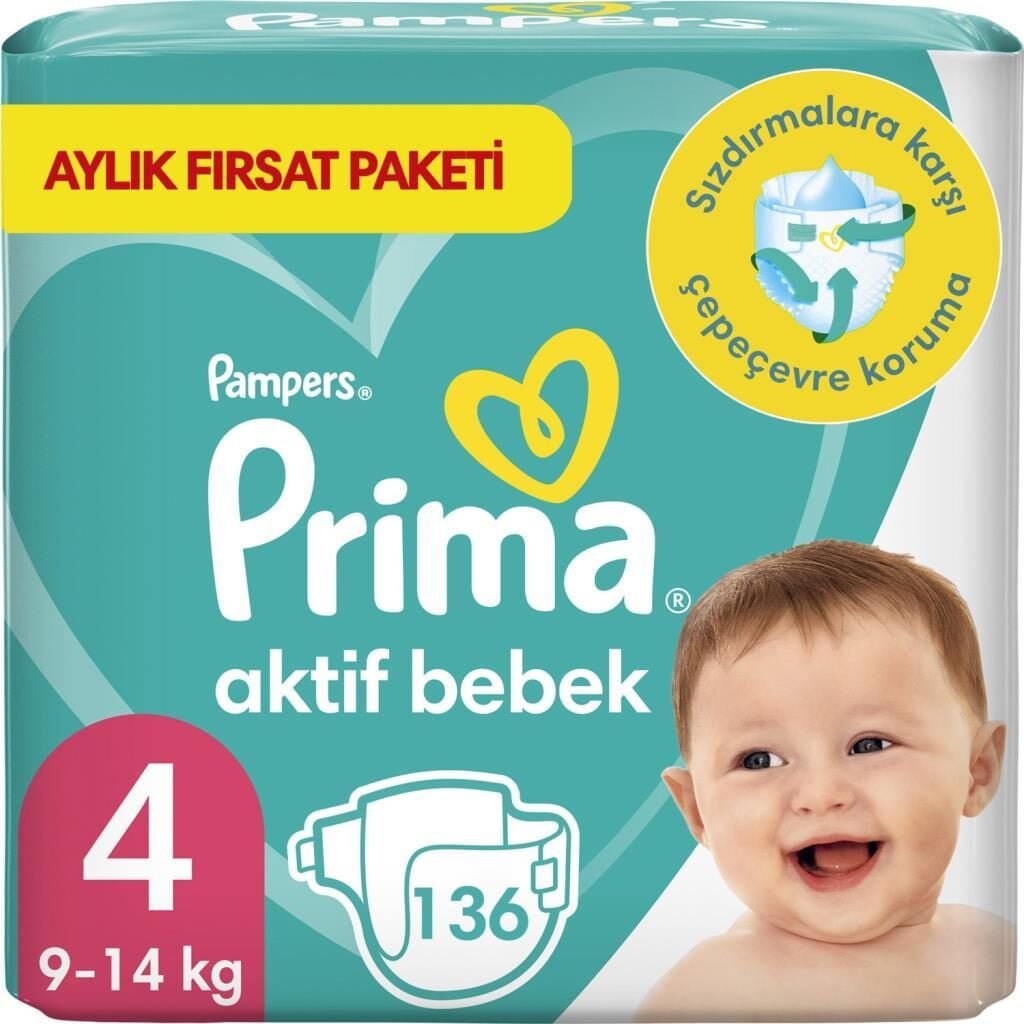 Prima Bebek Bezi Aktif Bebek 4 Beden 136 Adet aylık Fırsat Paketi