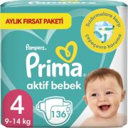 Prima Bebek Bezi Aktif Bebek 4 Beden 136 Adet aylık Fırsat Paketi