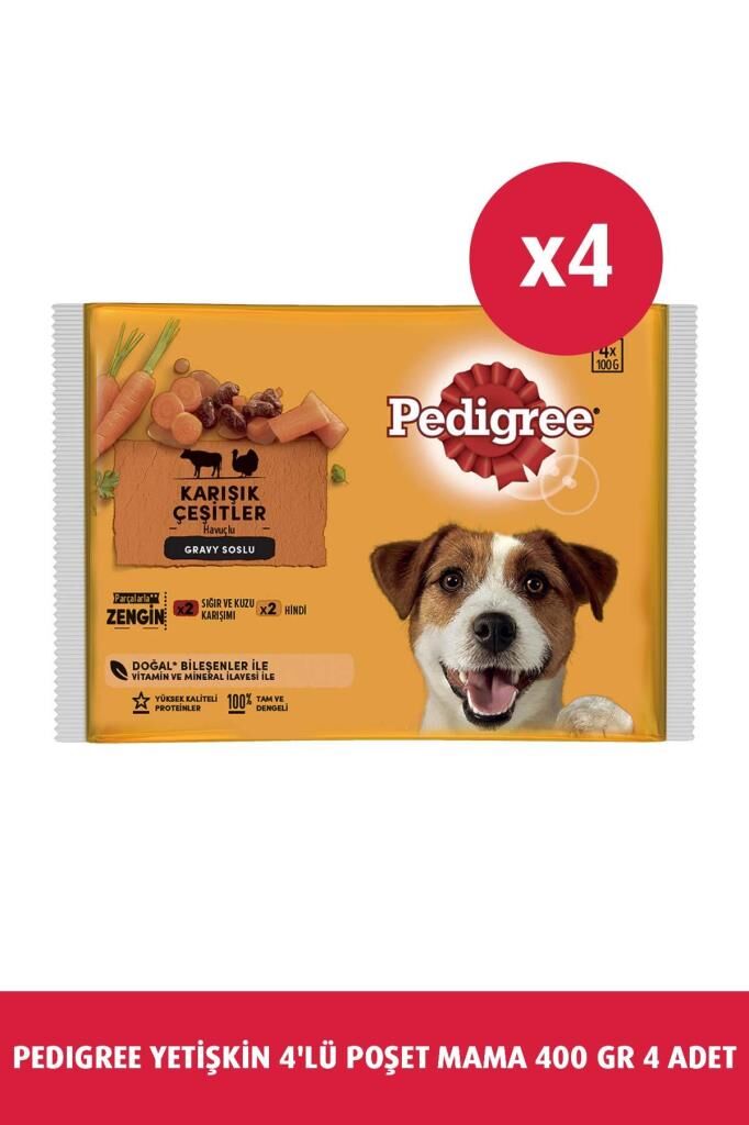 Pedigree Pouch Sığır Etli Kuzulu ve Hindili Yetişkin Köpek Konservesi 4x100 G x4