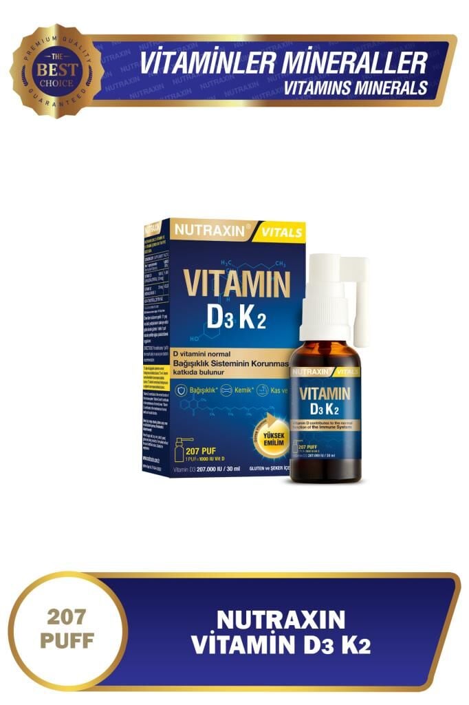 Nutraxin Vitals D3k2 30 Ml - 1000 Iu D3 Vitamini, 25 Mcg K2 Vitamini 207 Puf