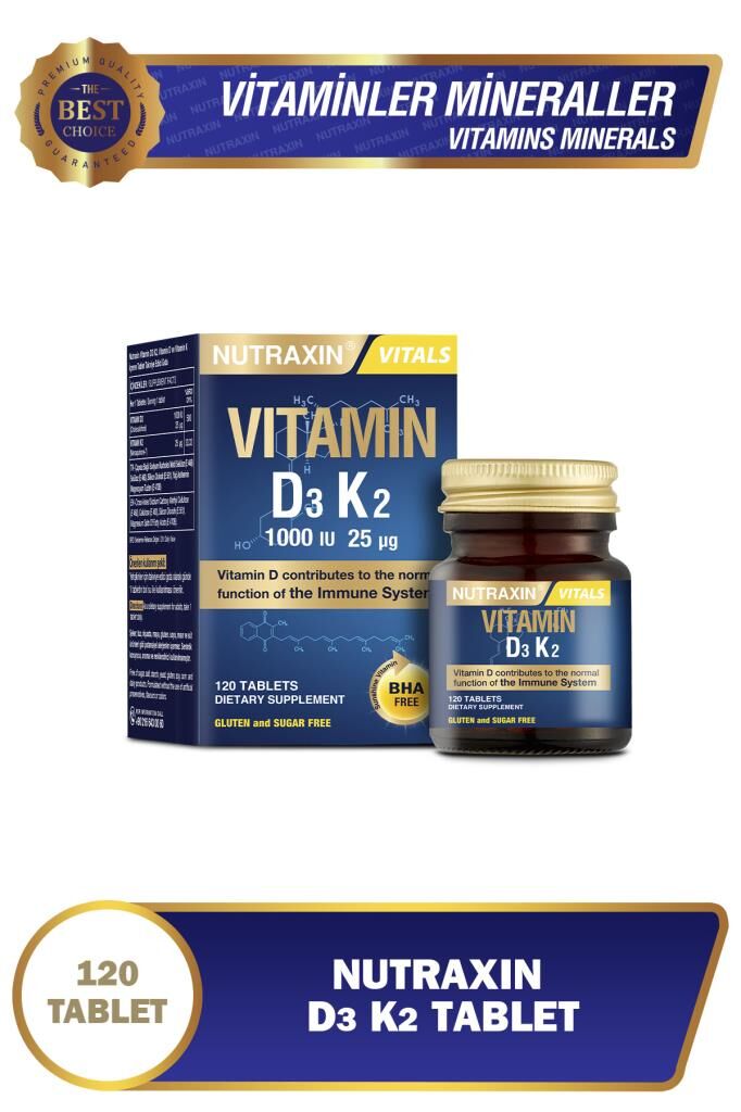 Nutraxin Vitamin D3K2 120 Tablet - 1000 Iu D3 Vitamini, 25 Mcg K2 Vitamini