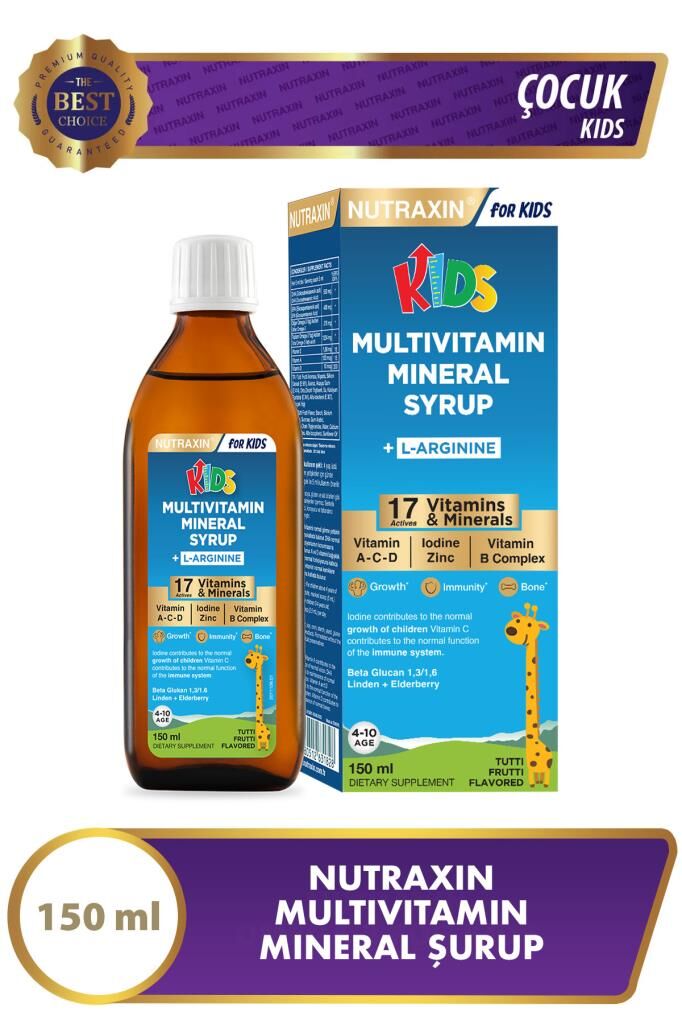Nutraxin Multivitamin & Mineral Şurup 150 Ml - L-Arginin, Çinko, A,C,D,B Kompleks, Beta Glukan, Karamürver