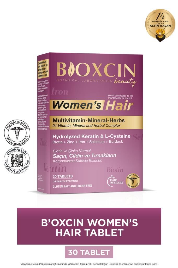Bioxcin Womens Hair 30 Tablet - Keratin Kolajen Biotin Çinko Demir Selenyum Dul Avrat L Sistein Saç Vitamini