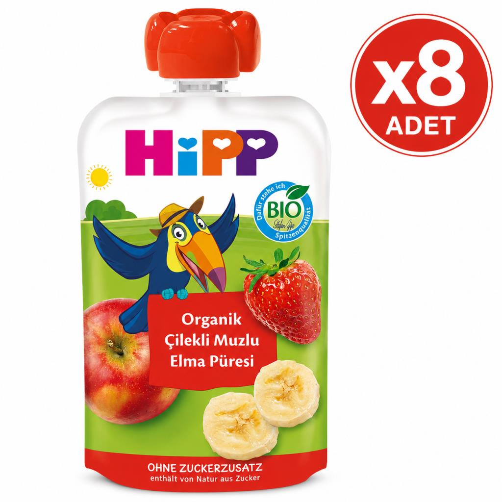 Hipp Organik Çilekli Muzlu Elma Püresi 100 G 8'li Paket