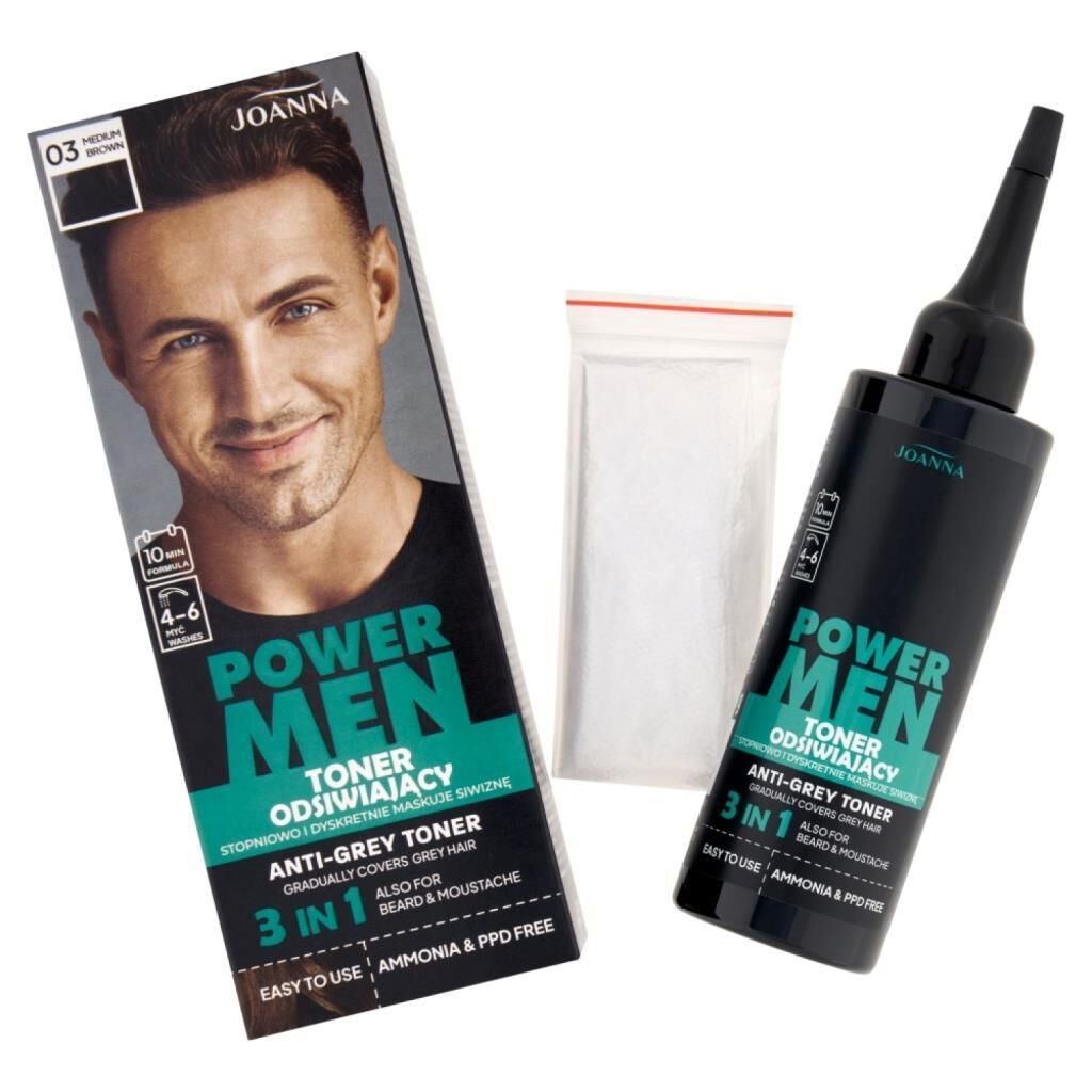 Joanna Power Men Anti-Grey Toner Erkek Saç, Sakal ve Bıyık Tonlayıcı Orta Kahve 03 - 80 G