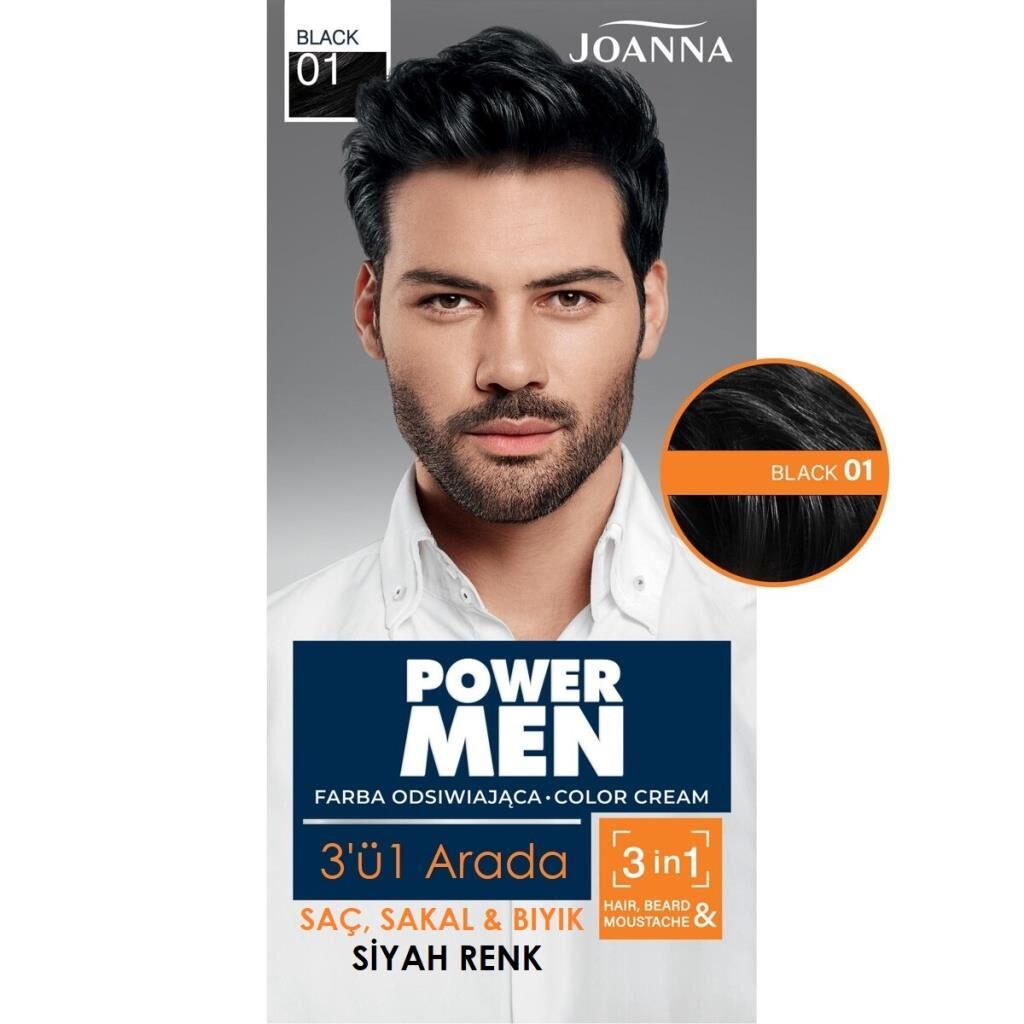 Joanna Power Men 3'ü 1 Arada Erkek Saç, Sakal ve Bıyık Krem Boyası Siyah 01