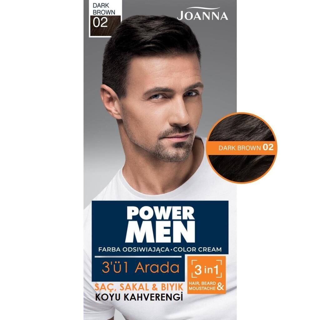 Joanna Power Men 3'ü 1 Arada Erkek Saç, Sakal ve Bıyık Krem Boyası Koyu Kahverengi 02