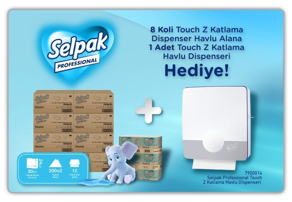 Selpak Professional Touch Z Katlama Dispenser Havlu 200 Yaprak 12'li x 8 Koli + Touch Z Katlama Havlu Dispenseri Hediyeli