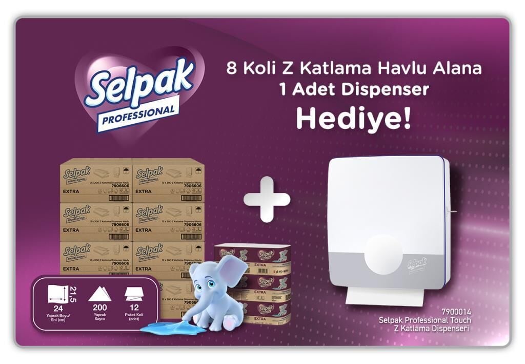 Selpak Professional Extra Z Katlama Dispenser Havlu 200 Yaprak 12'li x 8 Koli + Touch Z Katlama Havlu Dispenseri Hediyeli