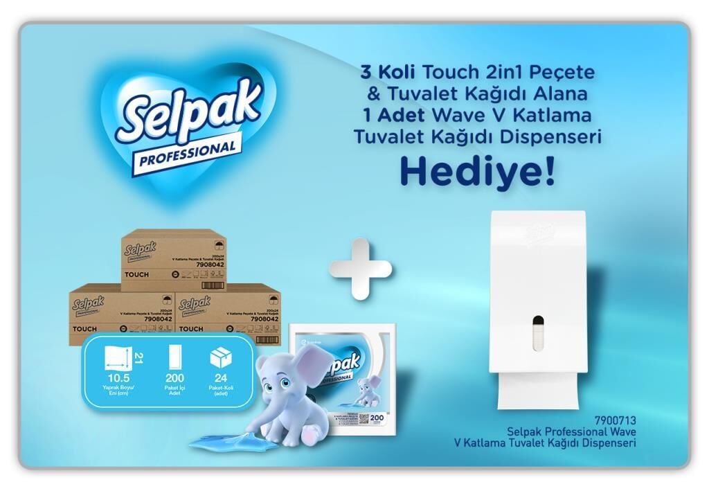Selpak Professional Touch 2in1 Peçete & Tuvalet Kağıdı 200'lü x 3 Koli + Wave V Katlama Dispenseri Hediyeli