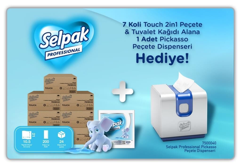Selpak Professional Touch 2in1 Peçete & Tuvalet Kağıdı 200'lü x 7 Koli + Pickasso Peçete Dispenseri Hediyeli