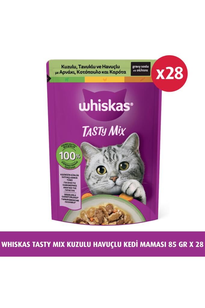 Whiskas Pouch TastyMix Sos İçinde Kuzulu Tavuklu ve Havuçlu Yetişkin Kedi Konservesi 85gr x28