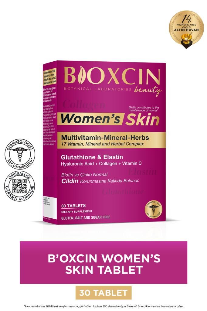 Bioxcin Women's Skin 30 Tablet - Glutatyon, Elastin, Biotin, Çinko, Kolajen, Hya Asit, Magnezyum, Cilt Vitamini