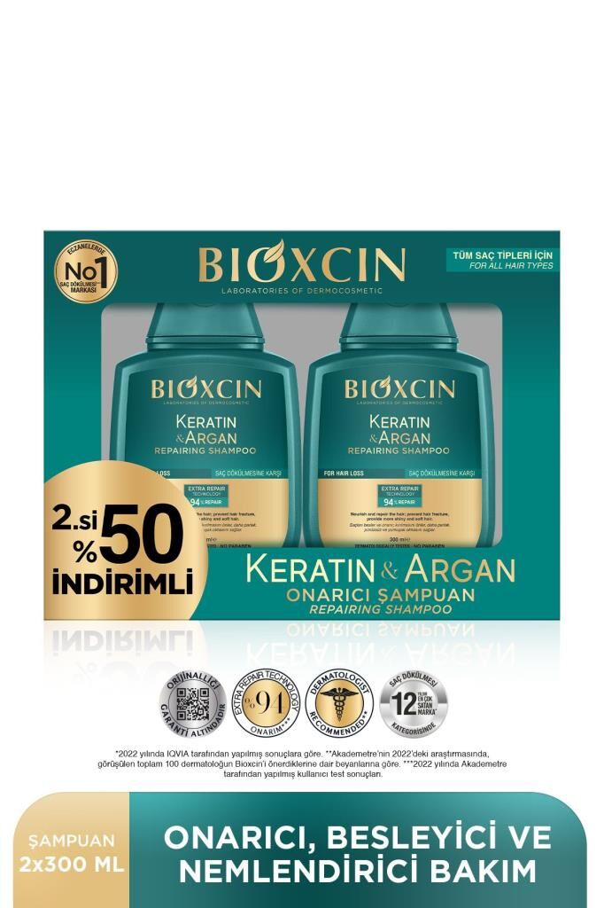 Bioxcin Keratin & Argan Onarıcı Şampuan 300 Ml - Yıpranmış Ve Hasar Görmüş Saçlar 2 Li Avantaj Seti