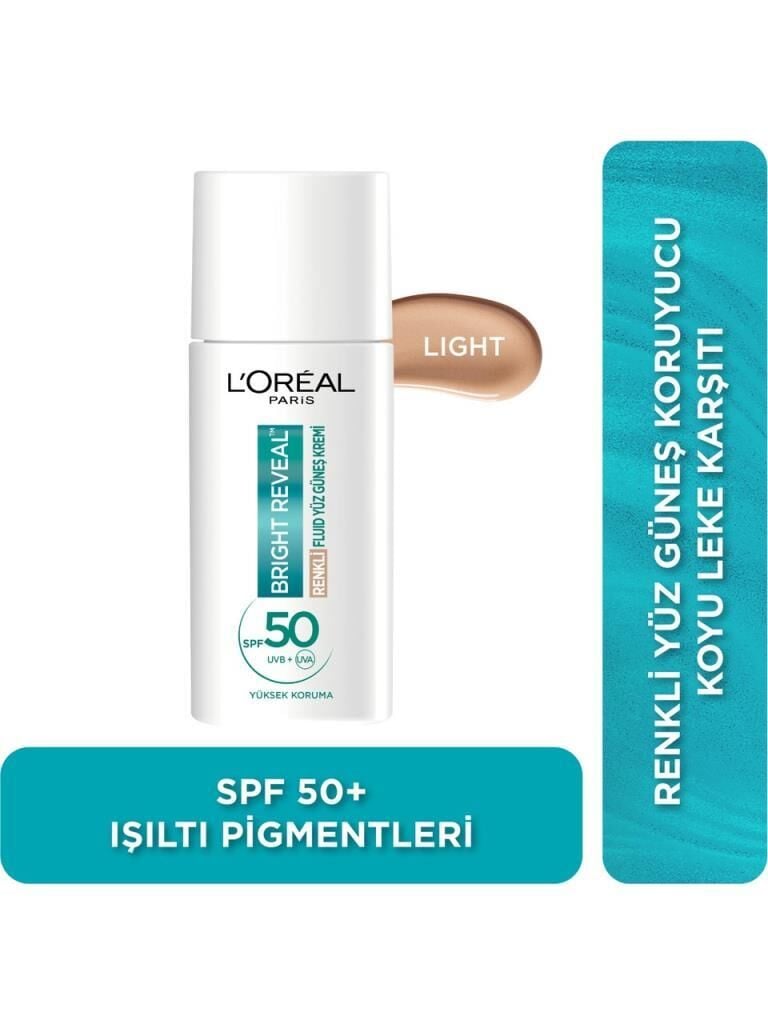 L'Oreal Paris Bright Reveal Spf 50+ Koyu Leke Karşıtı Renkli Fluid Günlük Yüz Güneş Kremi 50ml - Light